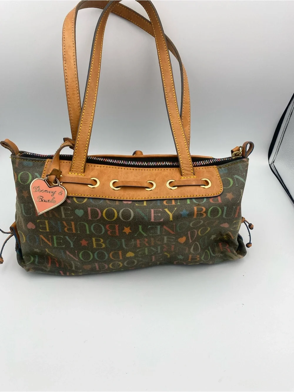 Dooney & Bourke Multicolor Logo Shoulder Bag with Tan Leather